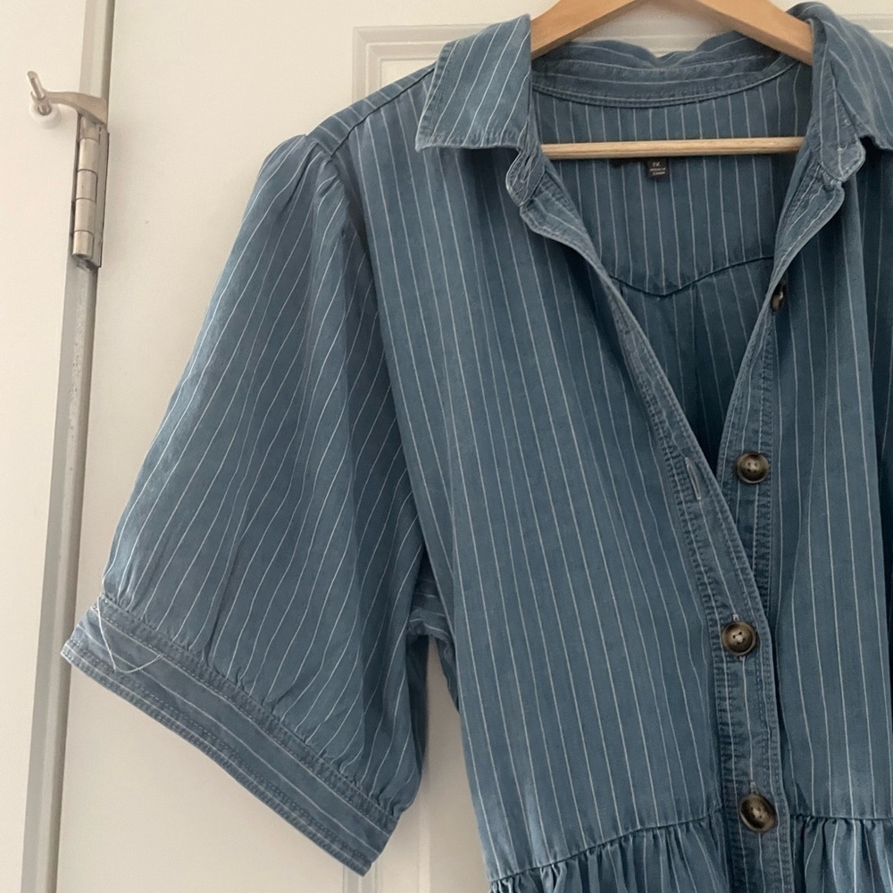 NWOT NYDJ Kate Puff Sleeve Ruffle Denim Midi Shirtdress Light Marine - Picture 7 of 10